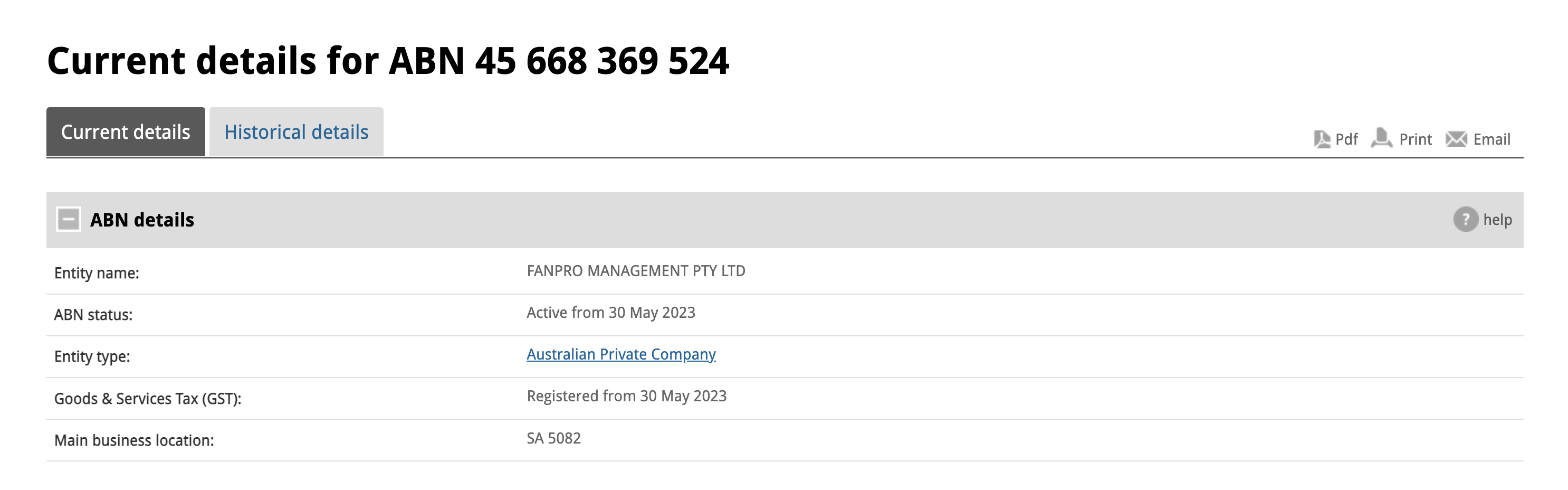 ABN Lookup showing FanPro Management PTY LTD registration details