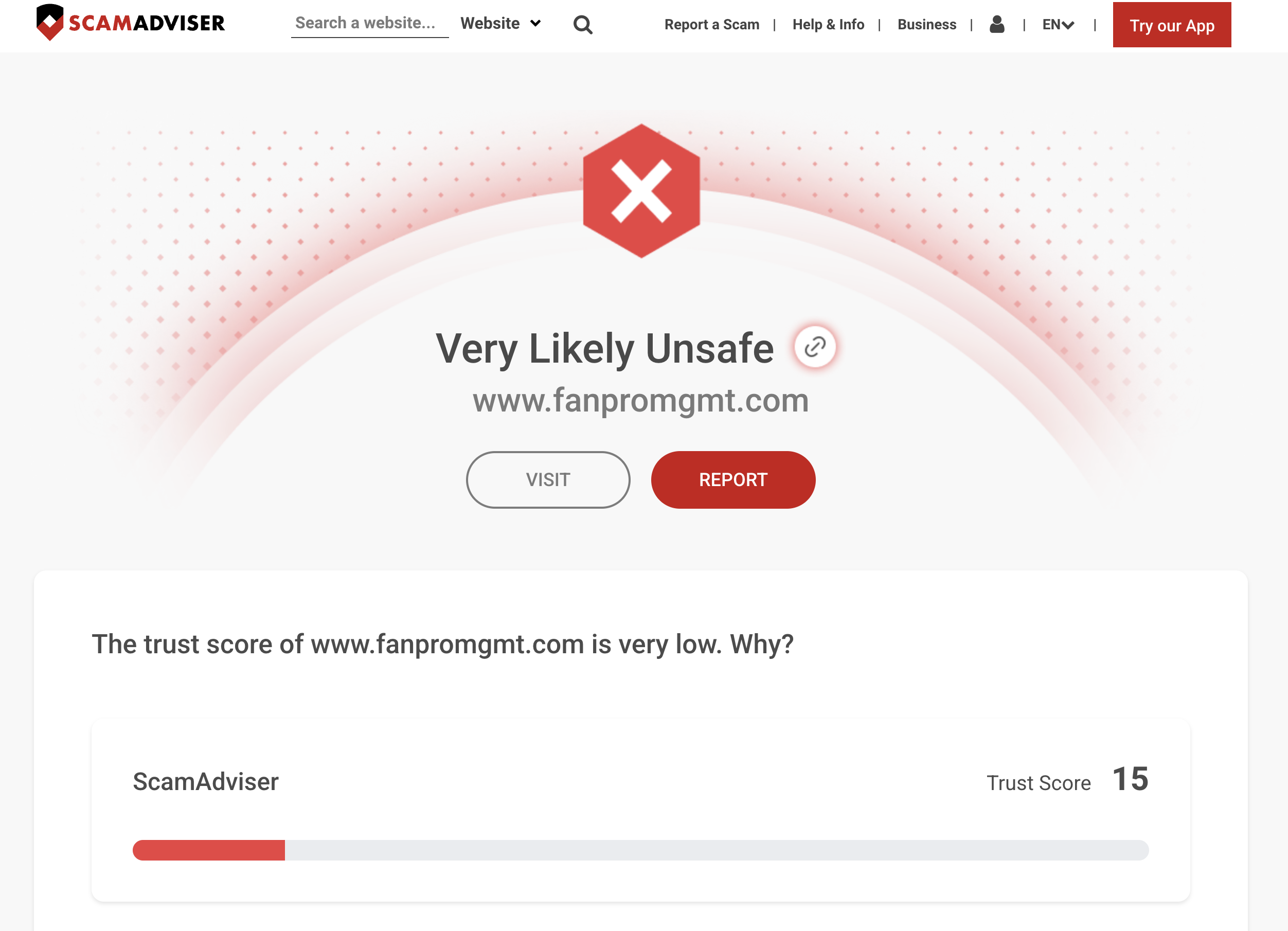 ScamAdviser rates fanpromgmt.com as Very Likely Unsafe