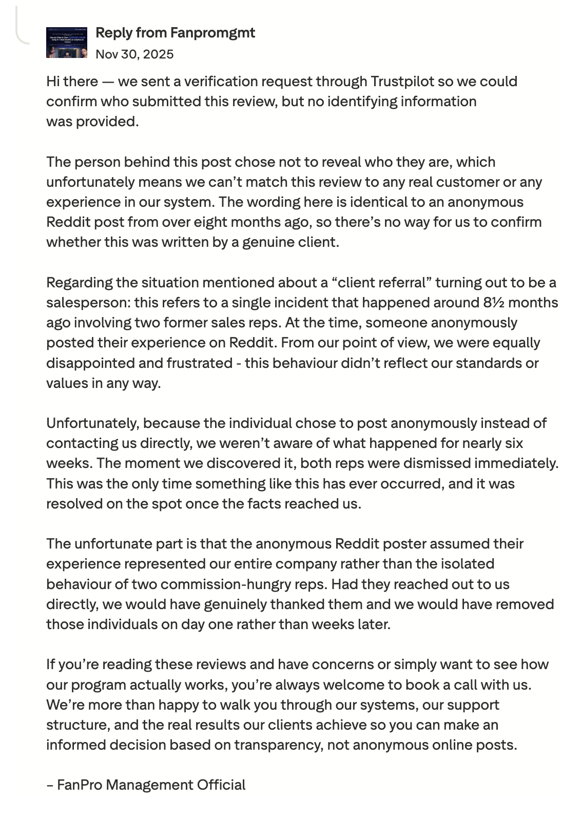 FanPro Management's response on Trustpilot claiming reviews are fabricated