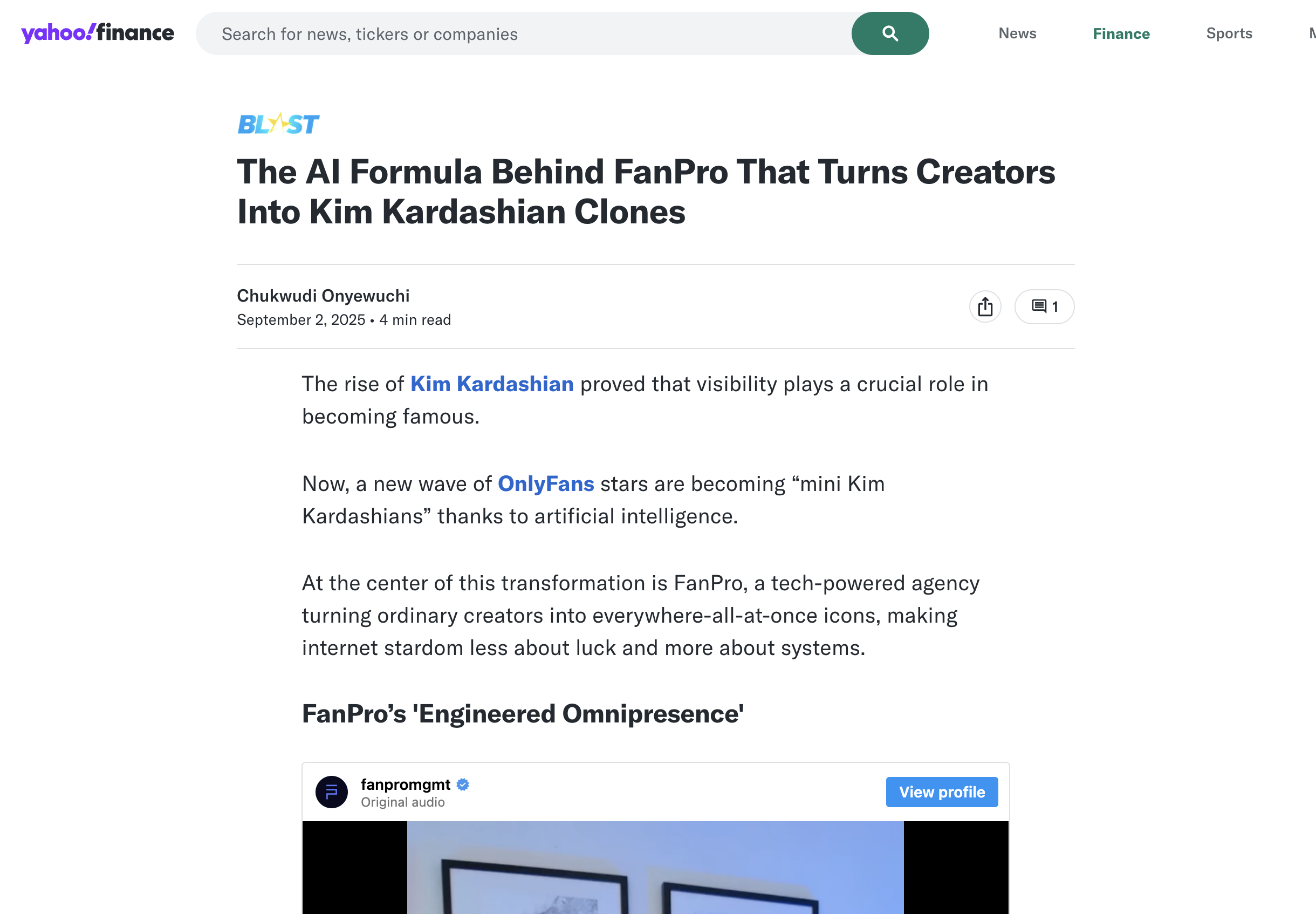 Screenshot of FanPro promotional article on Yahoo Finance