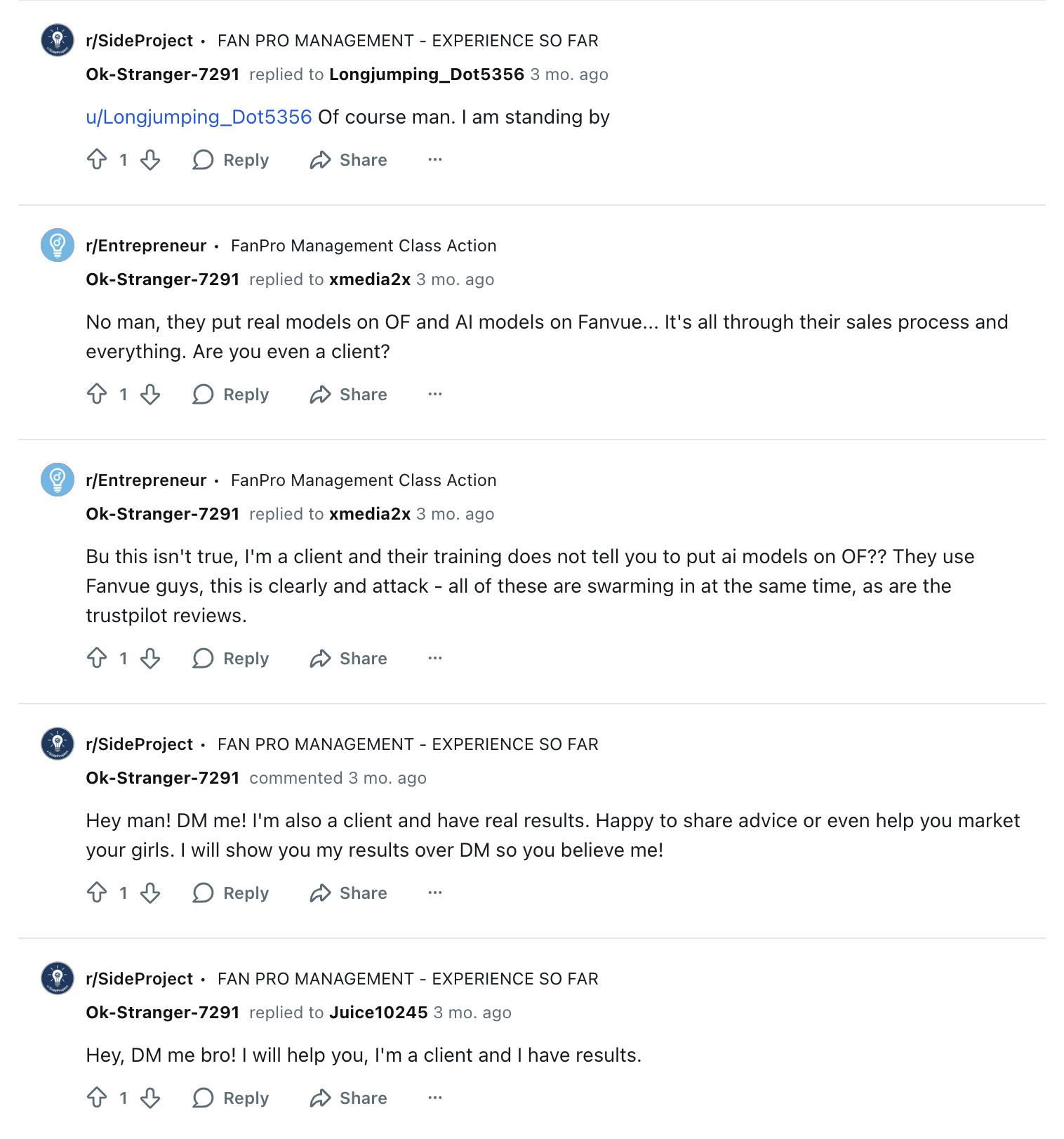 Reddit user Ok-Stranger-7291 posting identical pro-FanPro messages across multiple threads
